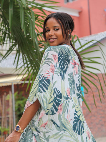 Moss Rose Palm Leaf Tropical Kimono